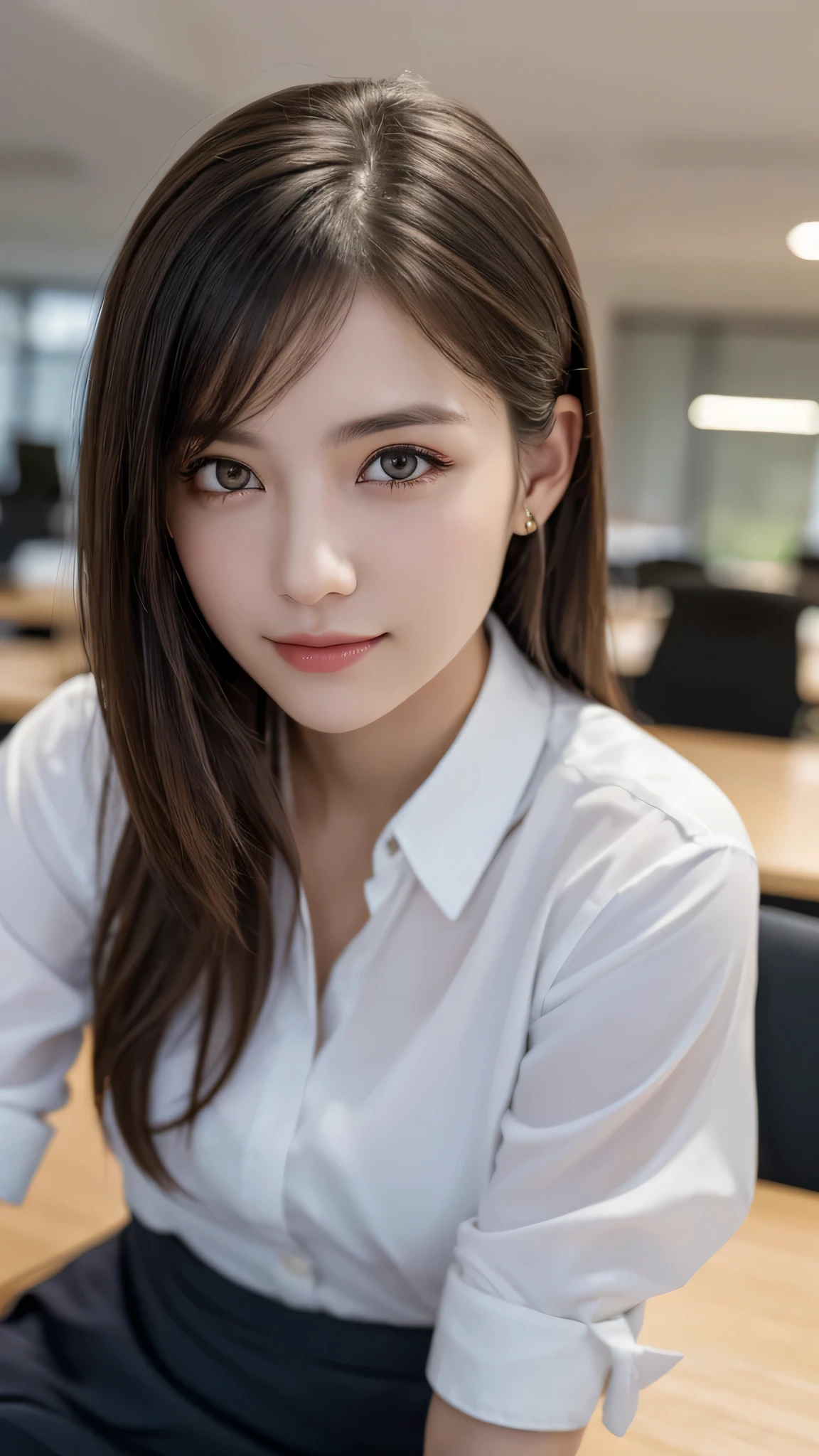 (1girl), (round eyes:1.2), (highly detailed face and eyes), smile, Amazing face and eyes, (Best Quality:1.4), (Ultra-detailed), (extremely detailed CG unified 8k wallpaper), Highly detailed, High-definition raw color photos, Professional Photography, Realistic portrait, Amazing face and eyes, indoors, office, (office lady, casual, mini Skirt:1.3), (A moment of relaxation), model, depth of fields, (fine face:1.2),