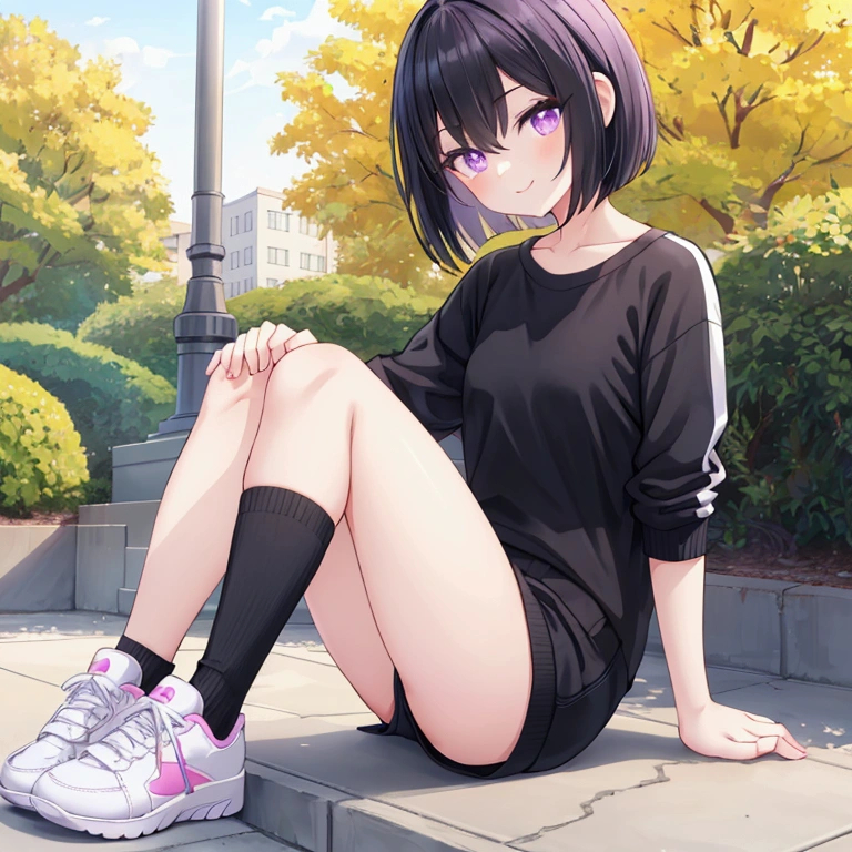 a cute lady, black short hair, bob hair, sitting at sunny park, light smile, purple eyes, detailed pupil, detailed eyes, whole body, masterpiece, top quality, slender body, flat chest, sneakers, white jogging wear, beautiful thigh, Short socks