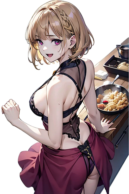1 girl ,(from above:1.2),purple color hair、Purplish pink eyes that dreamers desire, (Blonde hair) , small stature, Colossal tits, Lori, (masutepiece:1.2, Best Quality), (finely detailed beautiful eye: 1.2), (beautifull detailed face), (Best Illumination, extremely delicate and beautiful), ((Cinematic Light)), Dramatic light, (Pale white background:1.5), Short bob hair（1:3）、Ultra Contrast、Braid a little around the ears, White long dress、only has 5 fingers、、Her pussy is visible through the white thong、Wet pants、You can see inside your underwear、full of sweat、mocking look、diaper、nffsw,Arms crossed、grab the arm、Shoot from above、The angle is as seen from below.、Best Quality、Large breastuscular pussy、Pubic hair,high-level image quality、hightquality、8K,perfect hand、5 fingers、finger pin、Perfect Finger、T back、Naked、noise cut、bullet hand、Her hair color should have been a brighter purple.The skirt part is also carefully expressed..、Purple skirt、the skirt is floating in the wind、Dark purple panties、Pubic hair majority,A scene of make cooking Carbonara Pasta in the kitchen,(with sparkling eyes and a contagious smile),open mouth, Looking at Viewer, 