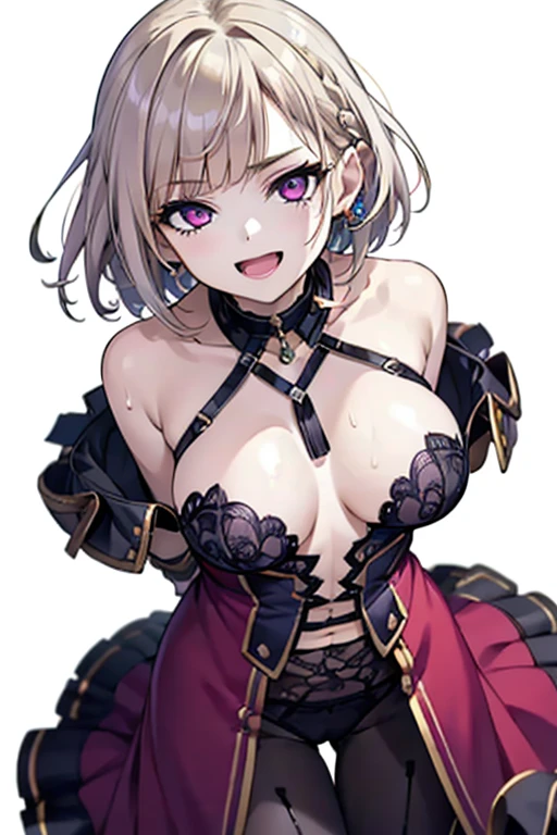 1 girl ,(from above:1.2),purple color hair、Purplish pink eyes that dreamers desire, (Blonde hair) , small stature, Colossal tits, Lori, (masutepiece:1.2, Best Quality), (finely detailed beautiful eye: 1.2), (beautifull detailed face), (Best Illumination, extremely delicate and beautiful), ((Cinematic Light)), Dramatic light, (Pale white background:1.5), Short bob hair(1:3)、Ultra Contrast、Braid a little around the ears, White long dress、only has 5 fingers、、Her pussy is visible through the white thong、Wet pants、You can see inside your underwear、full of sweat、mocking look、diaper、nffsw,Arms crossed、grab the arm、Shoot from above、The angle is as seen from below.、Best Quality、Large breastuscular pussy、Pubic hair,high-level image quality、hightquality、8K,perfect hand、5 fingers、finger pin、Perfect Finger、T back、Naked、noise cut、bullet hand、Her hair color should have been a brighter purple.The skirt part is also carefully expressed..、Purple skirt、the skirt is floating in the wind、Dark purple panties、Pubic hair majority,A scene of make cooking Carbonara Pasta in the kitchen,(with sparkling eyes and a contagious smile),open mouth, Looking at Viewer,