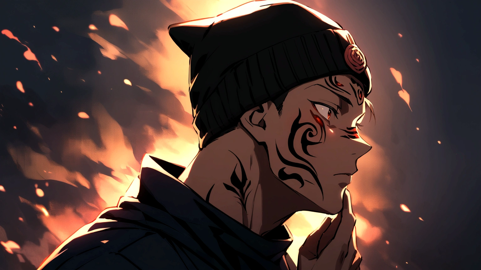 Boy with black beanie hat and medium brown hair with Sukuna tattoos from Jujutsu Kaisen on his face