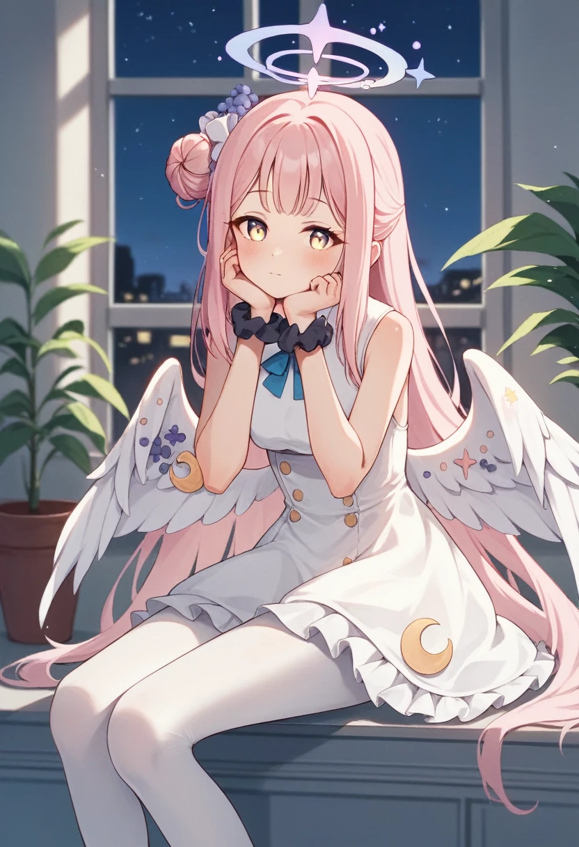 1girl, mika \(blue archive\), solo, scrunchie, wings, pink hair, wrist scrunchie, looking at viewer, flower, dress, hair ornament, long hair, head rest, yellow eyes, white dress, night, sleeveless, white pantyhose, hair bun, sleeveless dress, single side bun, hair flower, sitting, window, white wings, halo, blush, bangs, crescent, low wings, frilled dress, potted plant, indoors, angel wings, star \(sky\), sky, frills, night sky, pantyhose, blurry background, very aesthetic, absurdres