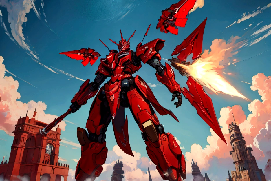 Absurd resolution, high resolution, (masterpiece: 1.4), hyper-detail, a mech, red armor with red wings, floating flight in the sky (1.8) background is wild, fire