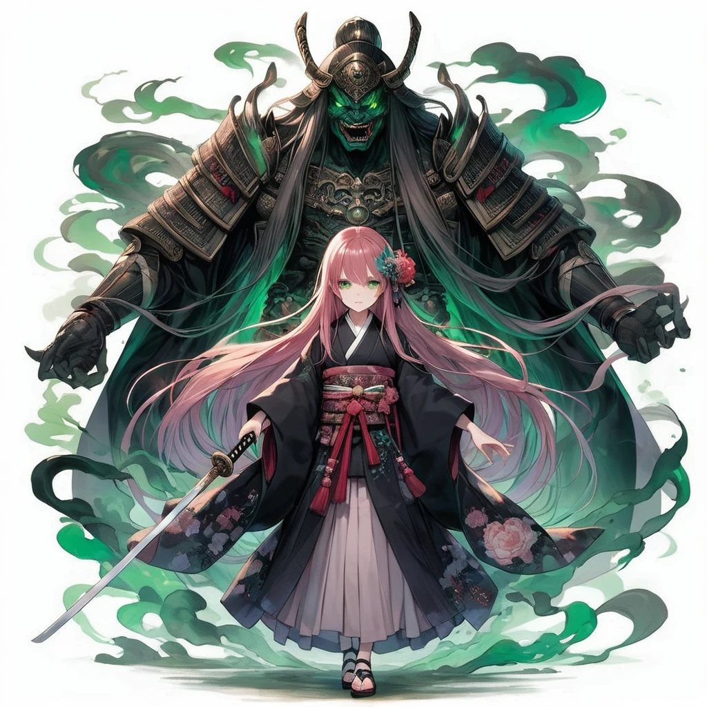 masterpiece, highest quality, A full-body illustration from the front. The main character is a girl in traditional Japanese clothing, with long pink hair and a hair ornament. She holds a sword and has a huge, menacing spirit behind her, wearing elaborate armor with a terrifying expression. Green smoke swirls around them. The girl's kimono has a delicate red pattern on a black background, and her eyes are a vibrant green, matching the aura of the spirit. The overall scene is dynamic and vivid, with a mysterious and otherworldly atmosphere.