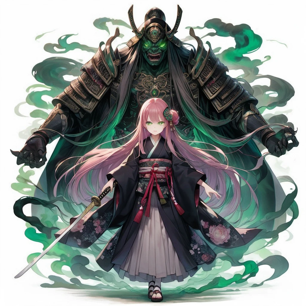 masterpiece, highest quality, A full-body illustration from the front. The main character is a girl in traditional Japanese clothing, with long pink hair and a hair ornament. She holds a sword and has a huge, menacing spirit behind her, wearing elaborate armor with a terrifying expression. Green smoke swirls around them. The girl's kimono has a delicate red pattern on a black background, and her eyes are a vibrant green, matching the aura of the spirit. The overall scene is dynamic and vivid, with a mysterious and otherworldly atmosphere.