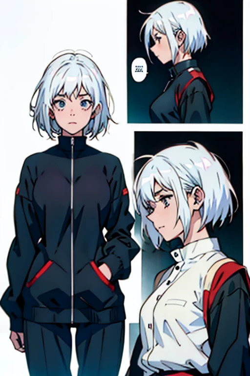 Girl with short white hair small, nose bleeding , manga page with panels and dialogue