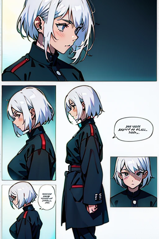 Girl with short white hair small, nose bleeding , manga page with panels and dialogue