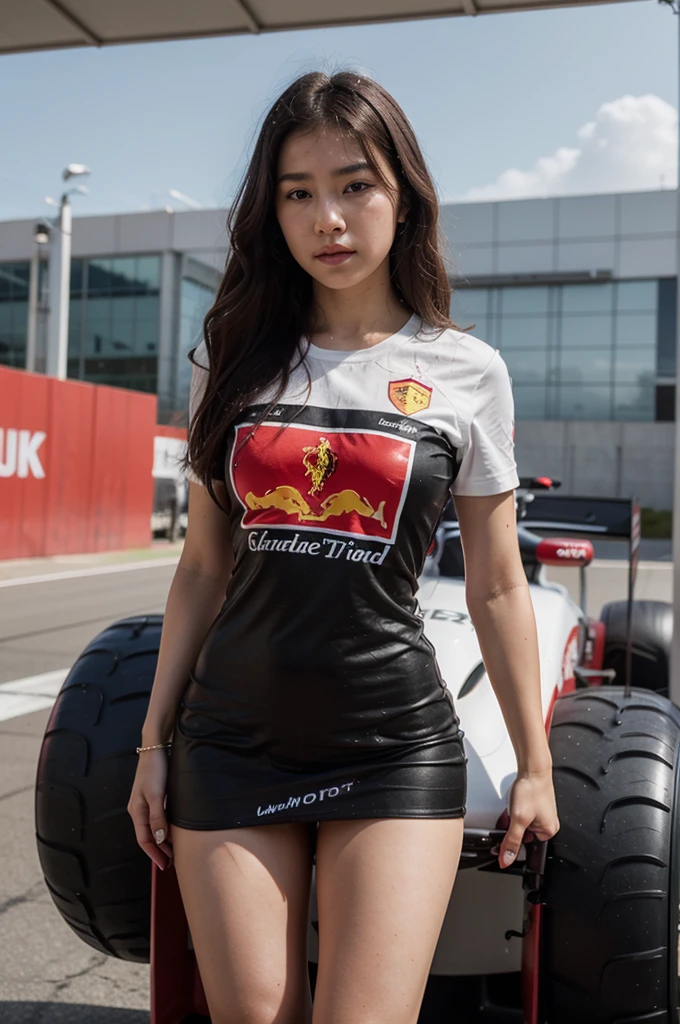 A Korean girl with a Ferrari Formula 1 team theme, with a creative and short dress