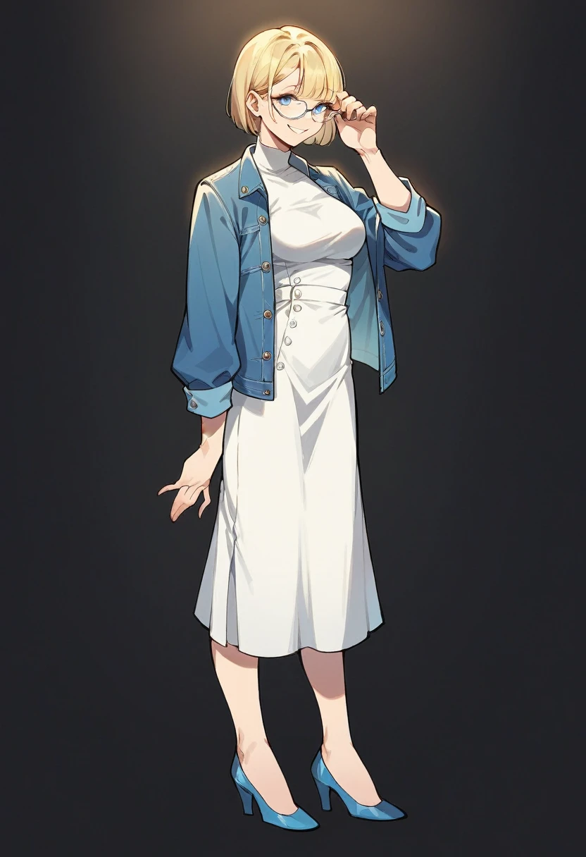 beautiful woman, solo, full-bodied, standing, medium bob cut blonde hair, light blue eyes, two points glasses, medium breasts, blue denim jacket, white dress shirt, white pleats skirt, blue high heels, soft smile, perfect hands with 5 fingers, black background, no background