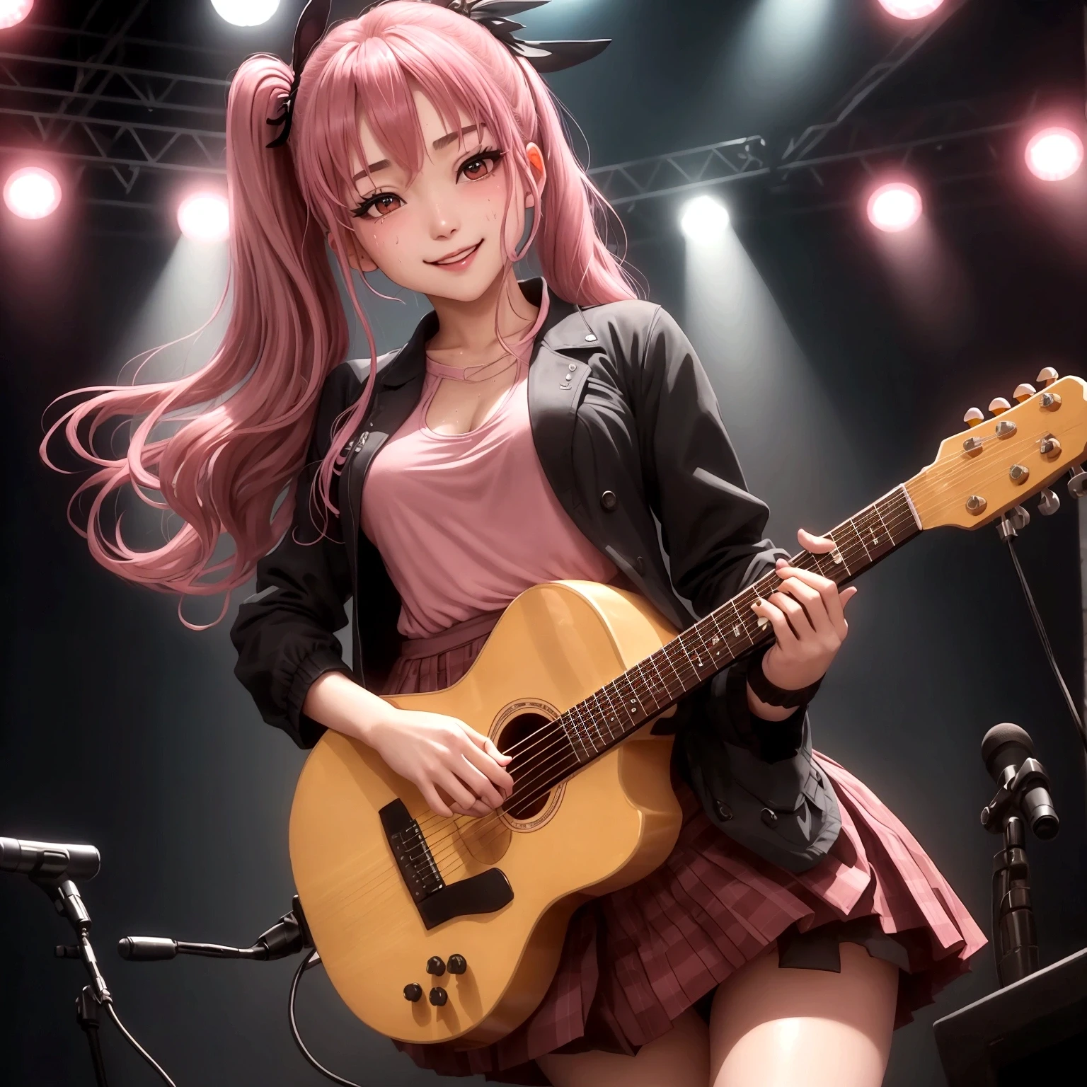 High school girl blazer、 uniform、Red checked knee-length skirt、Long skirt、JK Style、Jacket、smile、Knee-high socks、Thigh-high socks、pantyhose、A superb beauty、Super cute、ennui、Rare beauty、Twin tail hair、Black Dark Eyeshadow、Sad、Good skin glow、Long hair straightener、Dark Gothic Makeup、Dark Smile、Fragrant beauty、Stained glass background、Mastepiece、Best Quality、Refers to 5 books、Sweat glistening on my chest、Sweat glistening on my face、Small breasts、Dark pink hair、Age 22 years old、Slightly slim、Mysterious look、A sad expression、Pink Hair、mysterious gothic church、enchanting castle、Sweating profusely all over the body、A lot of sweat and light on the thighs、Shiny thighs、Plenty of sweat glistening on the thighs、A large amount of sweat glistens on my thighs、Sweating profusely、Gal、Small breasts、japanese face、Alluring expression、Thin thighs、Playing guitar、I have a guitar、Sing a song enthusiastically、Playing guitar in a band、Playing guitar chords、Live House Background、Sing a song、Open your mouth、Live house scenery、Looking down a little、Mike stand、A dazzling live stage、