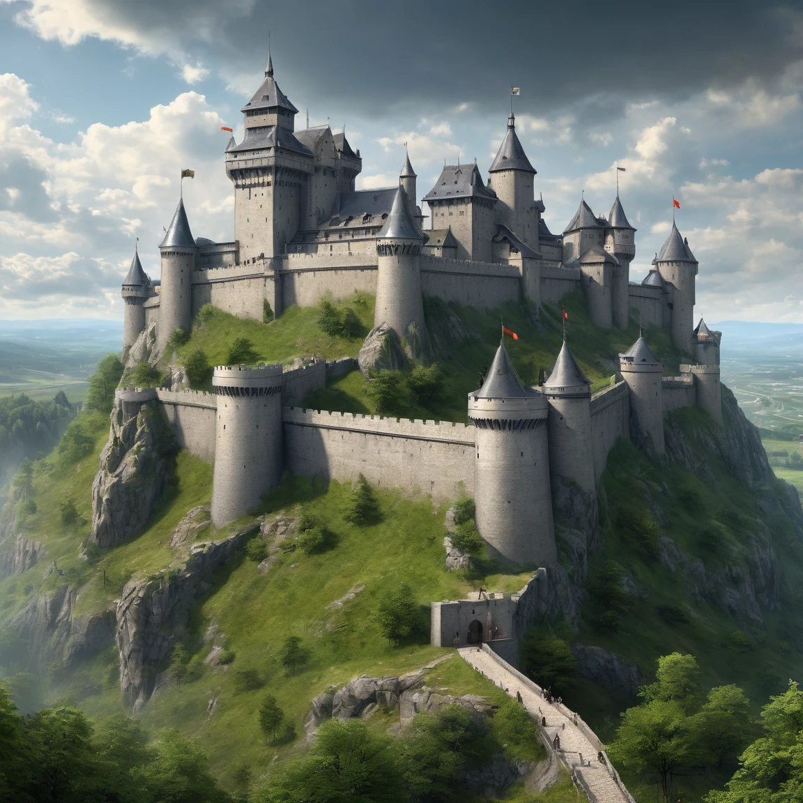 (best quality)), ((masterpiece)), ((realistic,digital art)), (super detailed), gigantic fortress on top of a hill, (gigantesques tours grises massives), (gigantesques tours grises effiléess), gigantic fortified gray ramparts, (medieval fantasy style), (Nordic style),
