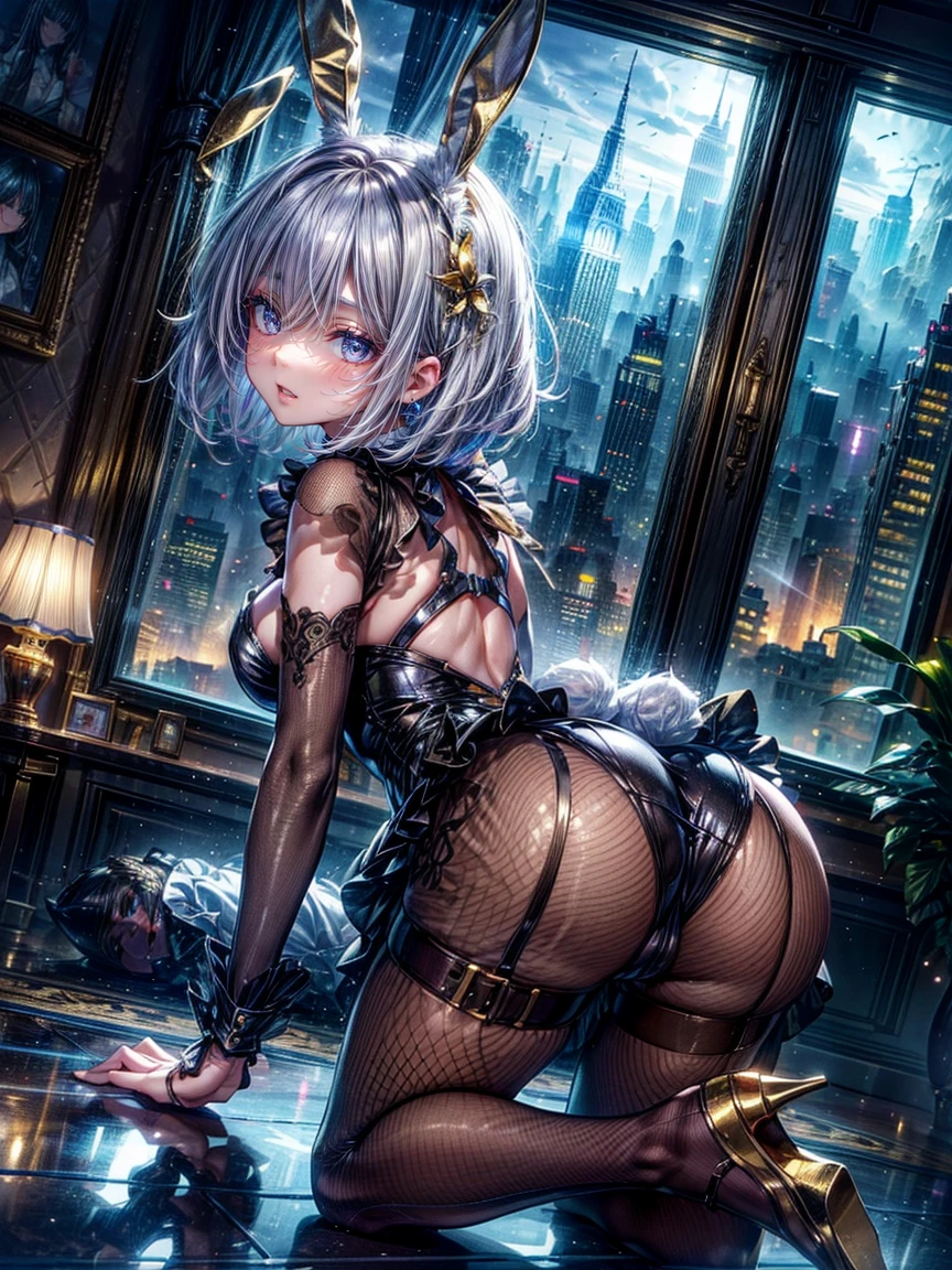 Highest quality、8K、(Golden Bunny Girl)、Fishnet tights、High heels、Bunny Suit、View Viewer、((Angle from the butt))、On all fours、Place your elbows on the floor、((Attach your cheeks to the floor))、smile、Futuristic Living Room、indirect lighting、Room with houseplants、From the window you can see the valley between the city buildings、Night view、Silver short hair、Beautiful eyes、Beautiful Face、Delicate eyes