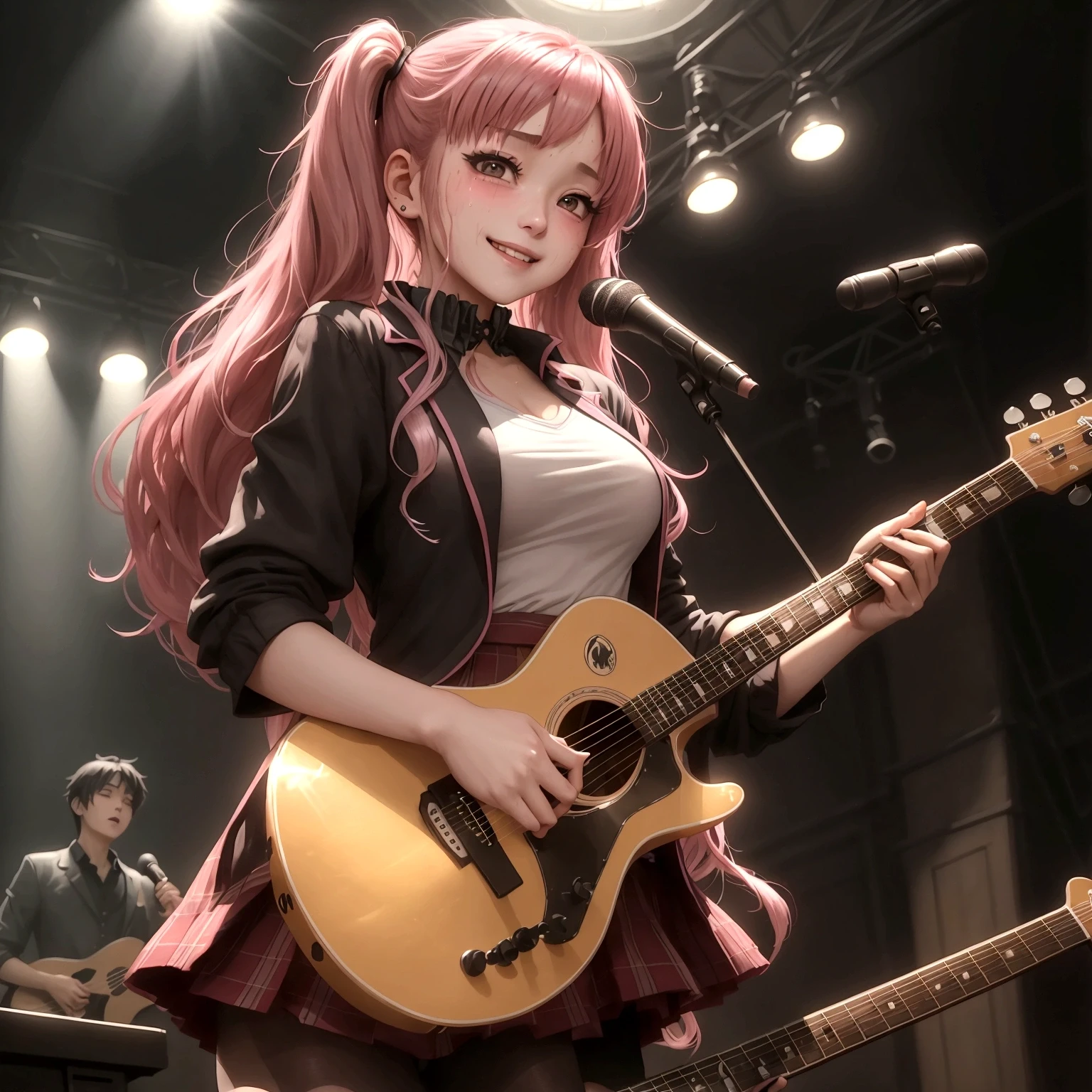 High school girl blazer、 uniform、Red checked knee-length skirt、Long skirt、JK Style、Jacket、smile、Knee-high socks、Thigh-high socks、pantyhose、A superb beauty、Super cute、ennui、Rare beauty、Twin tail hair、Black Dark Eyeshadow、Sad、Good skin glow、Long hair straightener、Dark Gothic Makeup、Dark Smile、Fragrant beauty、Stained glass background、Mastepiece、Best Quality、Refers to 5 books、Sweat glistening on my chest、Sweat glistening on my face、Small breasts、Dark pink hair、Age 22 years old、Slightly slim、Mysterious look、A sad expression、Pink Hair、mysterious gothic church、enchanting castle、Sweating profusely all over the body、A lot of sweat and light on the thighs、Shiny thighs、Plenty of sweat glistening on the thighs、A large amount of sweat glistens on my thighs、Sweating profusely、Gal、Small breasts、japanese face、Alluring expression、Thin thighs、Playing guitar、I have a guitar、Sing a song enthusiastically、Playing guitar in a band、Playing guitar chords、Live House Background、Sing a song、Open your mouth、Live house scenery、Looking down a little、Mike stand、A dazzling live stage、