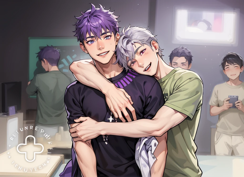 There are two -yeld maboys with purple hair and gray hair., purple eyes and gray eyes hug him and smile lovingly