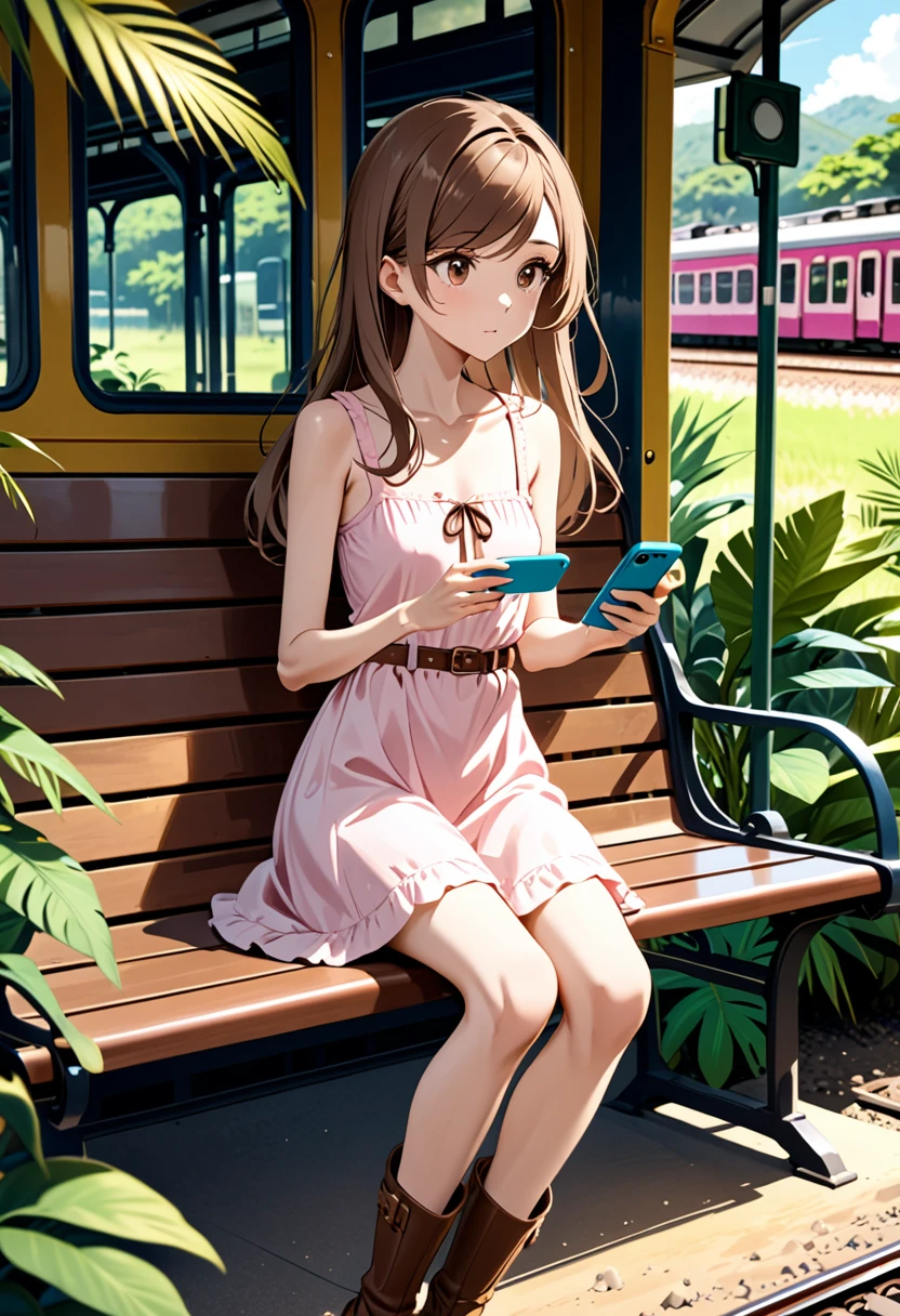 20 yo girl looking in the distance, light-colored pink sundress, brown belt, brown boots, toying with phone, open teal sleeveless hoodie, very long brown hair, brown eyes, swept bangs, skinny, small breast, siting on bench, rural train station, outside, tropical plants, sand,