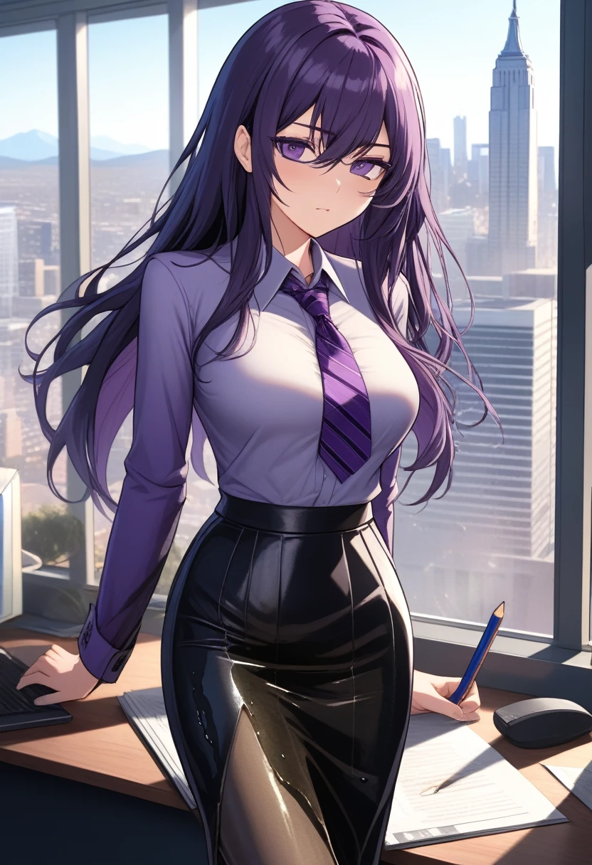 (masterpiece:1.37), best quality, (extremely detailed:1.37), office, window overlooking a bustling cityscape, woman, (mature:1.75), (adult:1.5), (very long hair:1.5), dark purple hair, purple eyes, (extremely detailed eyes:1.37), breasts, sunglasses, business suit, necktie, (very long pencil skirt:2.0), pantyhose, (wetting herself:2.0), standing straight, (desperation:2.0), full body day, daytime, glow, facing viewer, perfect composition, Perfect light and shadow, 8K