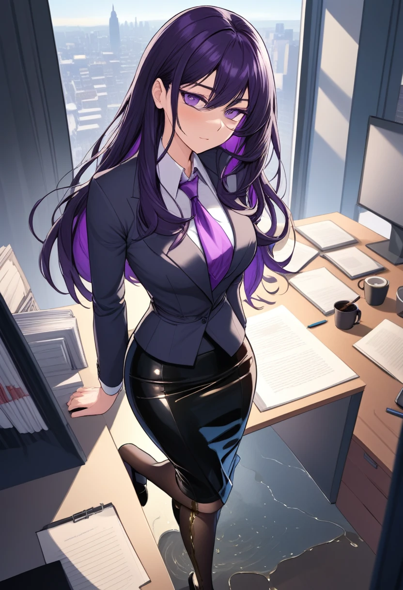(masterpiece:1.37), best quality, (extremely detailed:1.37), office, window overlooking a bustling cityscape, woman, (mature:1.75), (adult:1.5), (very long hair:1.5), dark purple hair, purple eyes, (extremely detailed eyes:1.37), breasts, sunglasses, business suit, necktie, (very long pencil skirt:2.0), pantyhose, (wetting herself:2.0), standing straight, (desperation:2.0), full body day, daytime, glow, facing viewer, perfect composition, Perfect light and shadow, 8K
