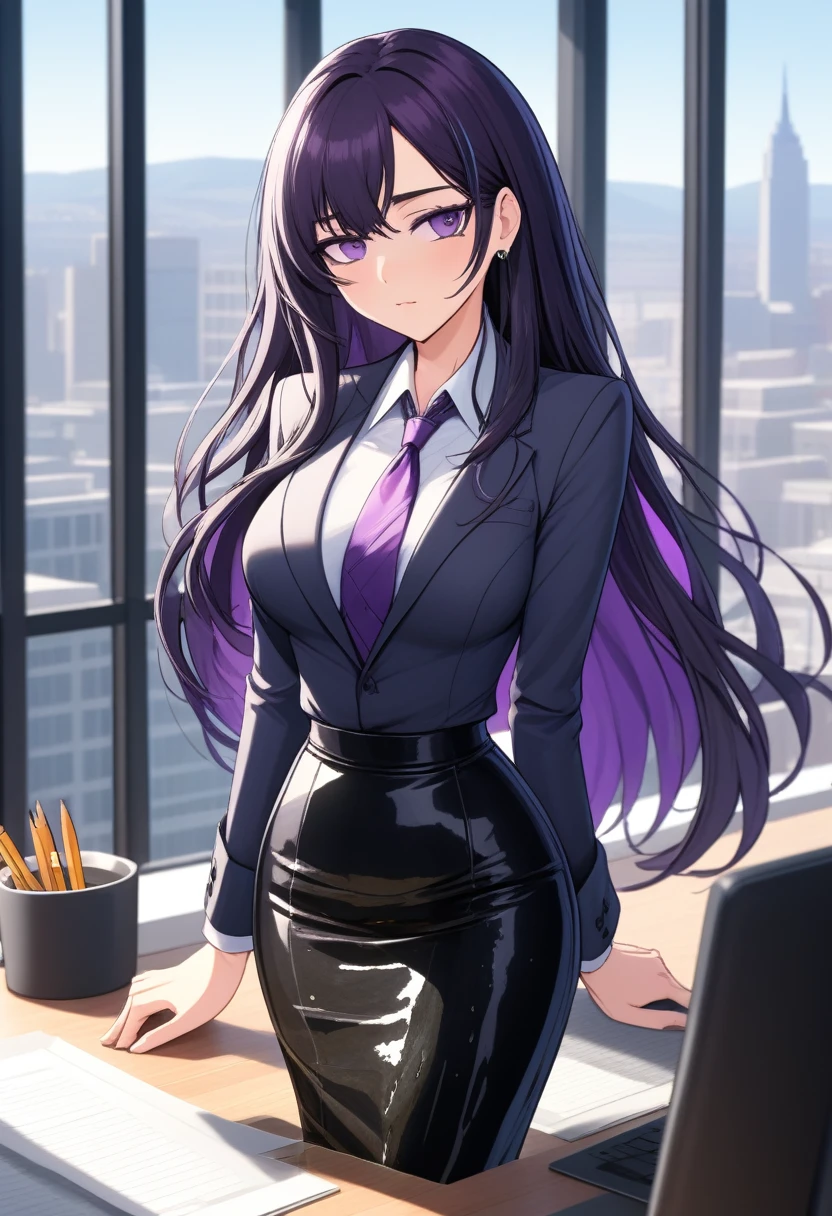 (masterpiece:1.37), best quality, (extremely detailed:1.37), office, window overlooking a bustling cityscape, woman, (mature:1.75), (adult:1.5), (very long hair:1.5), dark purple hair, purple eyes, (extremely detailed eyes:1.37), breasts, sunglasses, business suit, necktie, (very long pencil skirt:2.0), pantyhose, (wetting herself:2.0), standing straight, (desperation:2.0), full body day, daytime, glow, facing viewer, perfect composition, Perfect light and shadow, 8K
