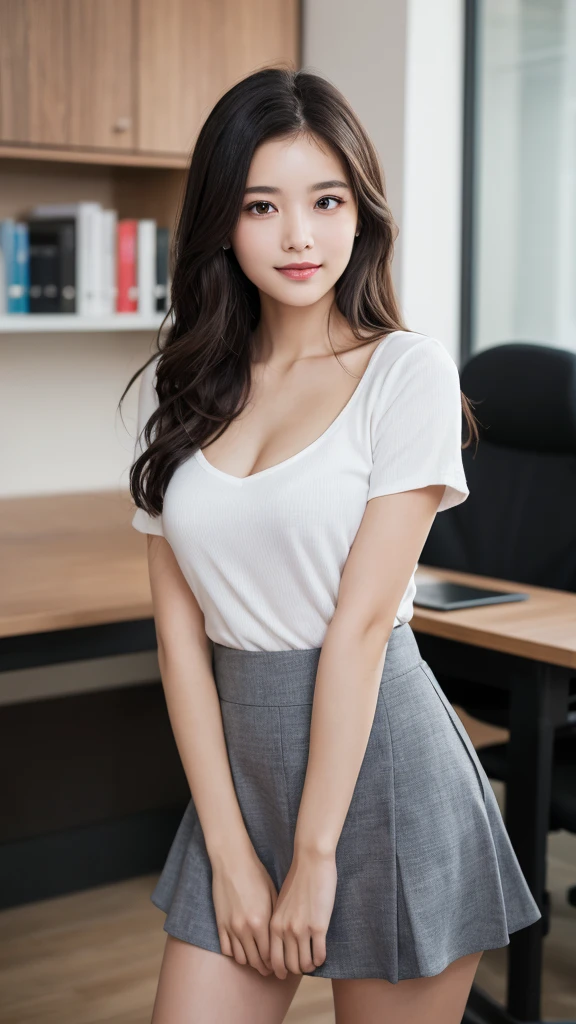 (1girl), (round eyes:1.2), (highly detailed face and eyes), smile, Amazing face and eyes, (Best Quality:1.4), (Ultra-detailed), (extremely detailed CG unified 8k wallpaper), Highly detailed, High-definition raw color photos, Professional Photography, Realistic portrait, Amazing face and eyes, indoors, office, (office lady, casual, mini Skirt:1.3), (A moment of relaxation), model, depth of fields, (fine face:1.2),
