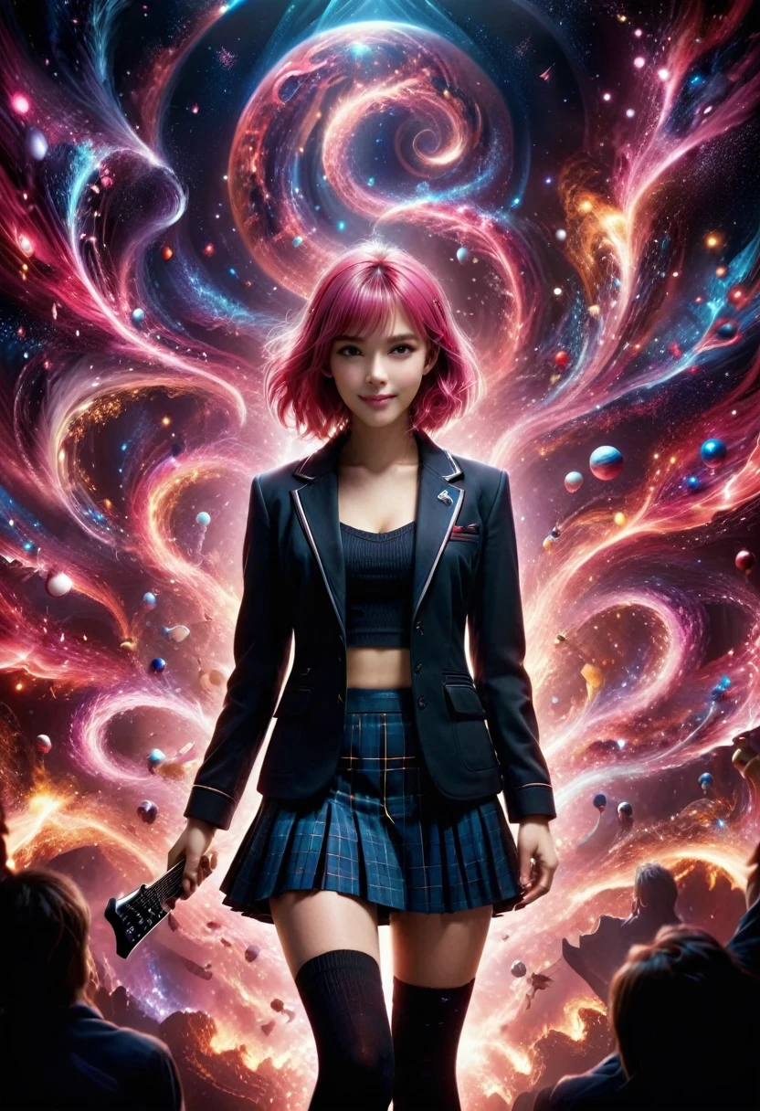 High school girl blazer、 uniform、Red checked knee-length skirt、Long skirt、JK Style、Jacket、smile、Knee-high socks、Thigh-high socks、pantyhose、A superb beauty、Super cute、ennui、Rare beauty、Twin tail hair、Black Dark Eyeshadow、Sad、Good skin glow、Long hair straightener、Dark Gothic Makeup、Dark Smile、Fragrant beauty、Stained glass background、Mastepiece、Best Quality、Refers to 5 books、Sweat glistening on my chest、Sweat glistening on my face、Small breasts、Dark pink hair、Age 22 years old、Slightly slim、Mysterious look、A sad expression、Pink Hair、mysterious gothic church、enchanting castle、Sweating profusely all over the body、A lot of sweat and light on the thighs、Shiny thighs、Plenty of sweat glistening on the thighs、A large amount of sweat glistens on my thighs、Sweating profusely、Gal、Small breasts、japanese face、Alluring expression、Thin thighs、Playing guitar、I have a guitar、Sing a song enthusiastically、Playing guitar in a band、Playing guitar chords、Live House Background、Sing a song、Open your mouth、Live house scenery、Looking down a little、Mike stand、A dazzling live stage、