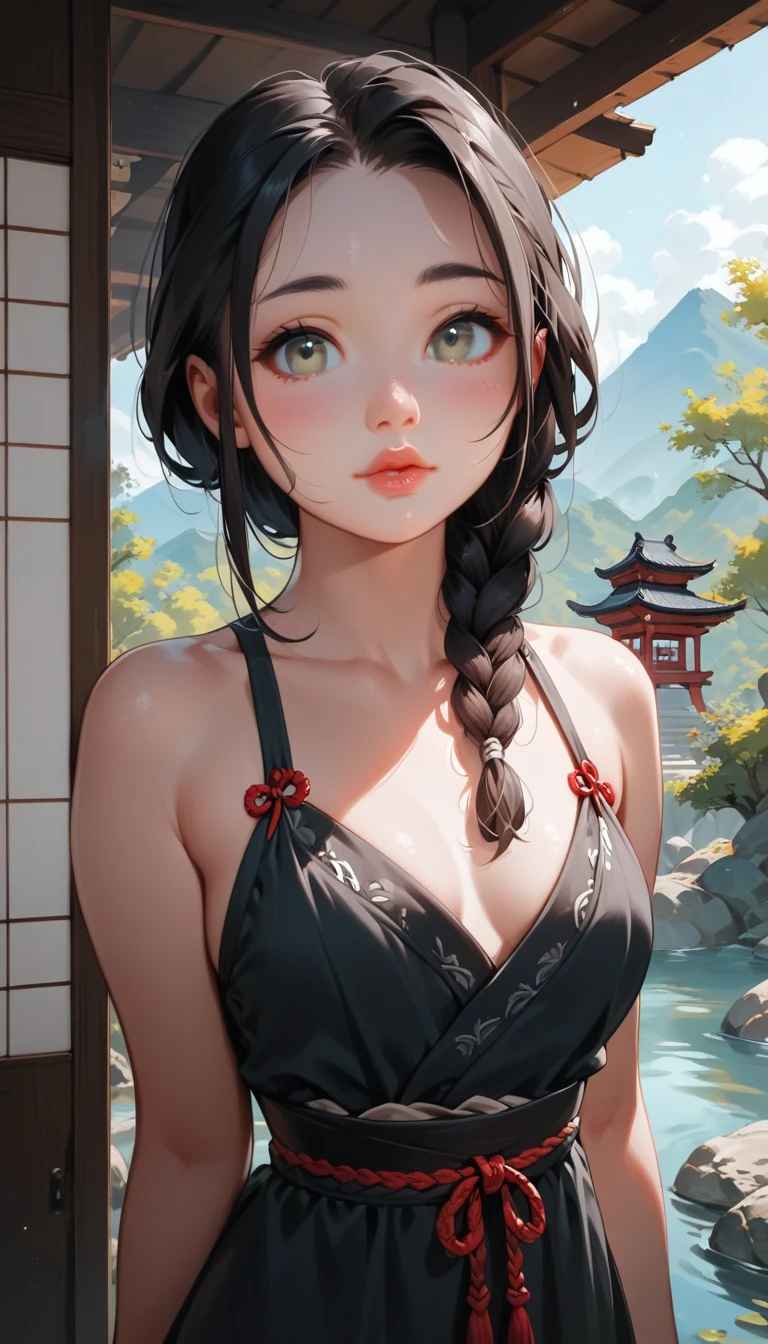 (8K, Highest quality, masterpiece, Ultra-high resolution) One girl, Cute face, 16talent ,Beautiful Eyes, Facial details, Black Hair, Braid, Grey Eyes, Pale skin, Plump lips, cute lips, Cute Black Dress, Dim Japanese house, masterpiece, Highest quality, Upper Body, Looking at the audience, close