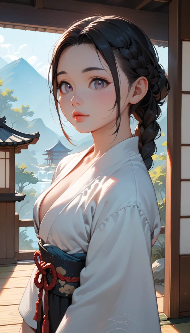 (8K, Highest quality, masterpiece, Ultra-high resolution) One girl, Cute face, １６talent ,Beautiful Eyes, Facial details, Black Hair, Braid, Grey Eyes, Pale skin, Plump lips, cute lips, Cute Black Dress, Dim Japanese house, masterpiece, Highest quality, Upper Body, Looking at the audience, close