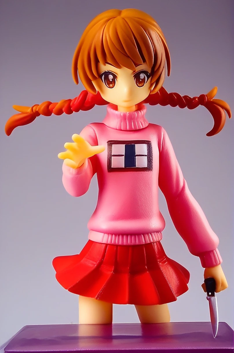 (pvc figure style:1.4), figure,score_9, score_8_up, score_7_up, score_6_up, score_5_up, score_4_up, source_anime, madotsuki, braid, hair over shoulder, long hair, twin braids, twintails, brown hair, brown eyes, long sleeves, pink sweater, pleated skirt, red skirt, skirt, sleeves past wrists, sweater, holding kitchen knife, musical note, epic pose, cowboy shot, dynamic pose, wide shot, solo, dutch angle, teenager, figure, (best quality, masterpiece), traditional media, basic background, blurry background, cowboy shoot:1.3, (foggy background, inside, clear room, on table:1.2)