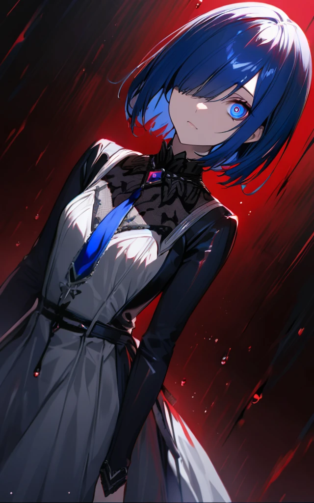 (masterpiece)、(absurdres)、(ultra detailed),Crazy Eyes、despair、Dark Side、closed mouth,Blood droplets、darkness,Blood pool space、Blood dripping background:1.3、solo girl、slender:1.1、shiny ultramarine hair、straight hair、short bobcut:1.1、hair covering one eye:1.1、small breast:0.8、ultramarine eyes:1.2、irisless eyes:1.1、white gothic dress,black detailed,birds-eye angle,high angle,depth underground,