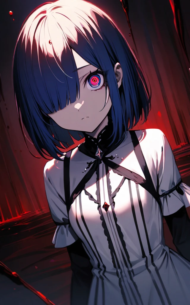 (masterpiece)、(absurdres)、(ultra detailed),Crazy Eyes、despair、Dark Side、closed mouth,Blood droplets、darkness,Blood pool space、Blood dripping background:1.3、solo girl、slender:1.1、shiny ultramarine hair、straight hair、short bobcut:1.1、hair covering one eye:1.1、small breast:0.8、ultramarine eyes:1.2、irisless eyes:1.1、white gothic dress,black detailed,birds-eye angle,high angle,depth underground,