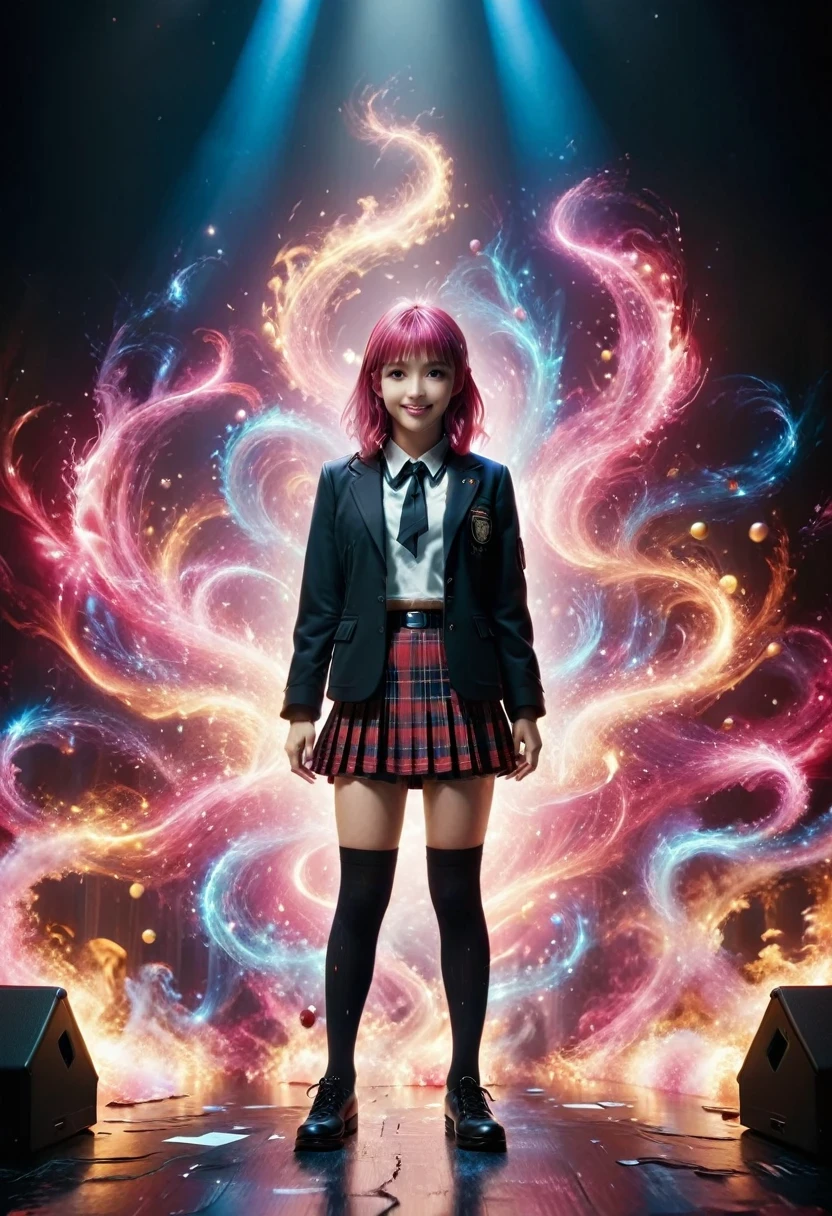 High school girl blazer、 uniform、Red checked knee-length skirt、Long skirt、JK Style、Jacket、smile、Knee-high socks、Thigh-high socks、pantyhose、A superb beauty、Super cute、ennui、Rare beauty、Twin tail hair、Black Dark Eyeshadow、Sad、Good skin glow、Long hair straightener、Dark Gothic Makeup、Dark Smile、Fragrant beauty、Stained glass background、Mastepiece、Best Quality、Refers to 5 books、Sweat glistening on my chest、Sweat glistening on my face、Small breasts、Dark pink hair、Age 22 years old、Slightly slim、Mysterious look、A sad expression、Pink Hair、mysterious gothic church、enchanting castle、Sweating profusely all over the body、A lot of sweat and light on the thighs、Shiny thighs、Plenty of sweat glistening on the thighs、A large amount of sweat glistens on my thighs、Sweating profusely、Gal、Small breasts、japanese face、Alluring expression、Thin thighs、Playing guitar、I have a guitar、Sing a song enthusiastically、Playing guitar in a band、Playing guitar chords、Live House Background、Sing a song、Open your mouth、Live house scenery、Looking down a little、Mike stand、A dazzling live stage、