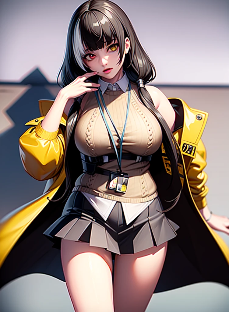 (realistic:1.4), best quality, ultra high res,
4k, instagram,
higly detailed,
 ro635, sweater, collared shirt, lanyard, id card, yellow coat, 
VirtualGirl-Aim, medium breasts, straight hair, long hair, black hair, black eyes, crystal pendant,
 full body shot, 
