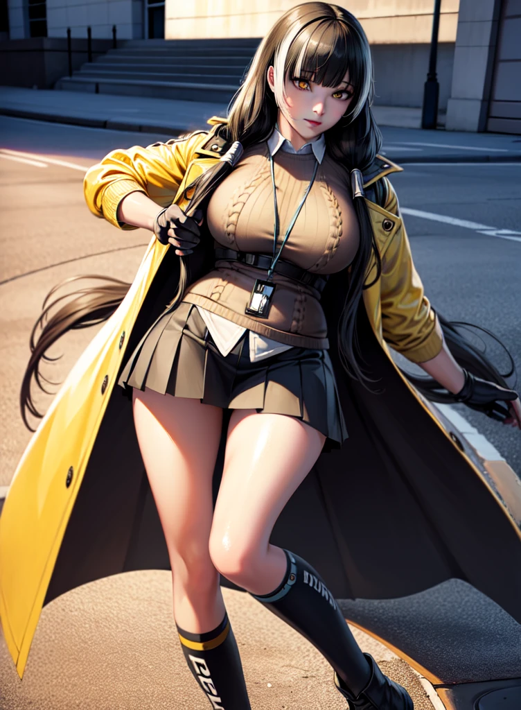 (realistic:1.4), best quality, ultra high res,
4k, instagram,
higly detailed,
 ro635, sweater, collared shirt, lanyard, id card, yellow coat, 
VirtualGirl-Aim, medium breasts, straight hair, long hair, black hair, black eyes, crystal pendant,
 full body shot, 
