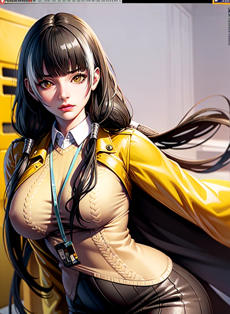 (realistic:1.4), best quality, ultra high res,
4k, instagram,
higly detailed,
 ro635, sweater, collared shirt, lanyard, id card, yellow coat, 
VirtualGirl-Aim, medium breasts, straight hair, long hair, black hair, black eyes, crystal pendant,
 full body shot, 
