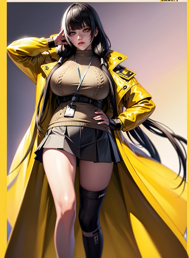 (realistic:1.4), best quality, ultra high res,
4k, instagram,
higly detailed,
 ro635, sweater, collared shirt, lanyard, id card, yellow coat, 
VirtualGirl-Aim, medium breasts, straight hair, long hair, black hair, black eyes, crystal pendant,
 full body shot, 
