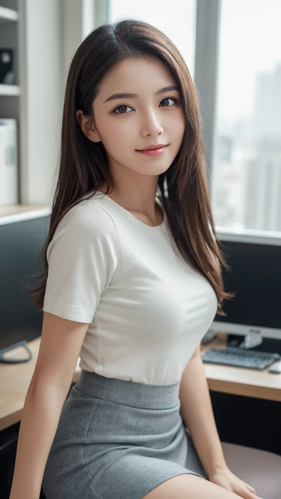 (1girl), (round eyes:1.2), (highly detailed face and eyes), smile, Amazing face and eyes, (Best Quality:1.4), (Ultra-detailed), (extremely detailed CG unified 8k wallpaper), Highly detailed, High-definition raw color photos, Professional Photography, Realistic portrait, Amazing face and eyes, indoors, office, (office lady, casual, mini Skirt:1.3), (A moment of relaxation), model, depth of fields, (fine face:1.2),