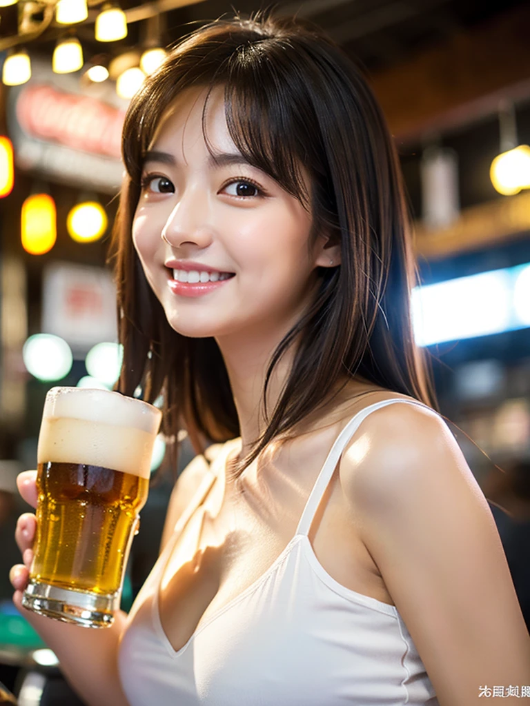 A very cute face like an idol、Looks like a young face、20-year-old female、Gentle and cute、A kind smile、A slightly see-through white blouse、(whole body像)、Cleavage、A crowded bar、Toast with a beer mug、Cinema lighting、Natural light、whole body、RAW Photos、Genuine、Artistic、(High level of artistry)、High quality that is indistinguishable from real life、realism、Real Stick、High resolution、masterpiece