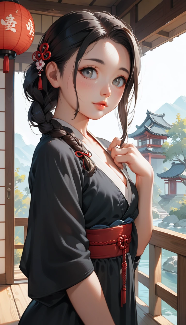 (8K, Highest quality, masterpiece, Ultra-high resolution) One girl, Cute face, 16talent ,Beautiful Eyes, Facial details, Black Hair, Braid, Grey Eyes, Pale skin, Plump lips, cute lips, Cute Black Dress, Dim Japanese house, masterpiece, Highest quality, Upper Body, Looking at the audience, close