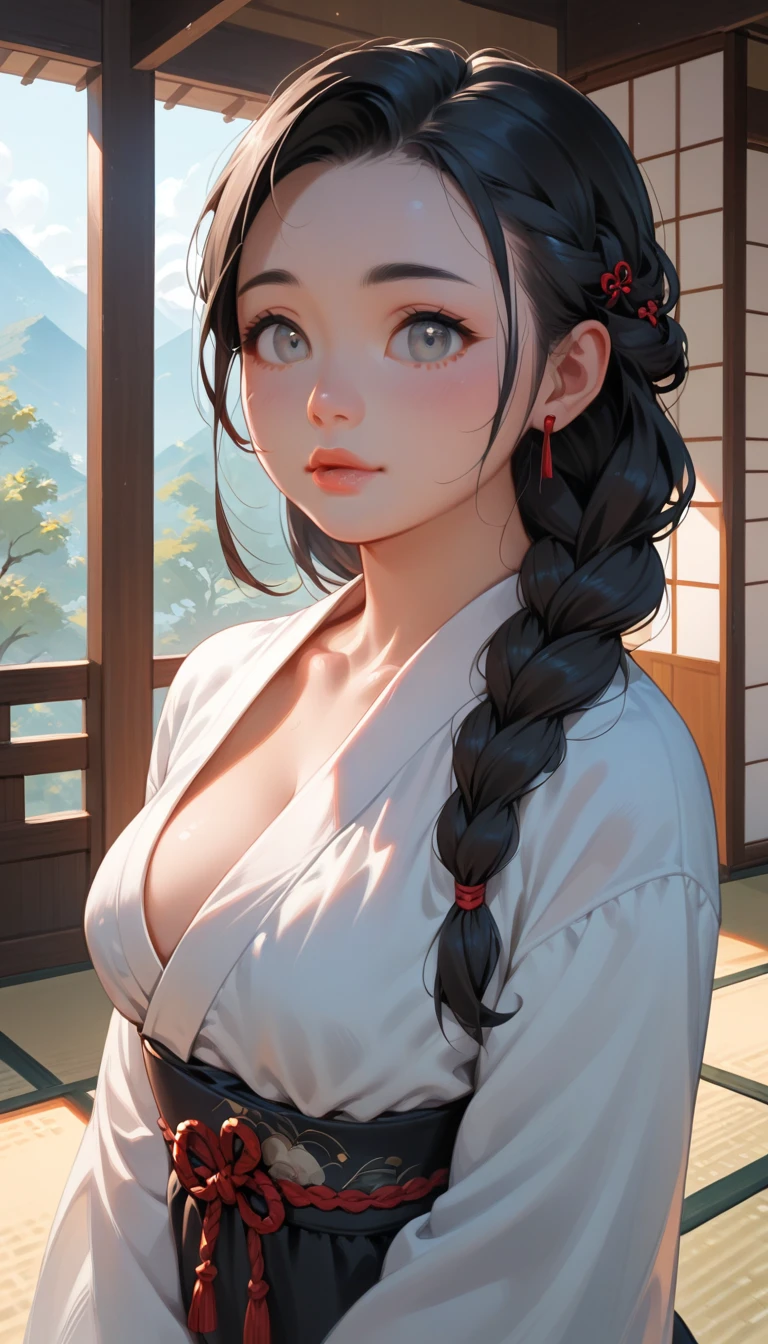 (8K, Highest quality, masterpiece, Ultra-high resolution) One girl, Cute face, １６talent ,Beautiful Eyes, Facial details, Black Hair, Braid, Grey Eyes, Pale skin, Plump lips, cute lips, Cute Black Dress, Dim Japanese house, masterpiece, Highest quality, Upper Body, Looking at the audience, close