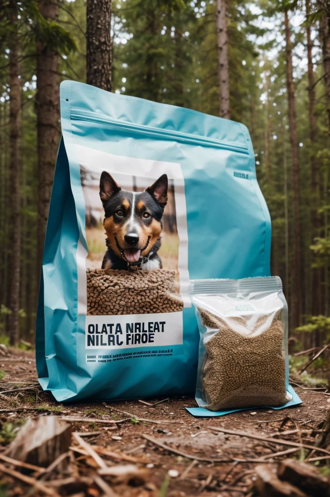 A bag of dog kibble in a desolate natural forest 