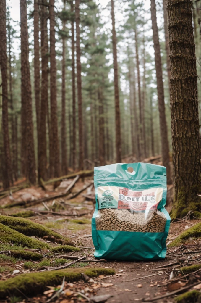 A bag of dog kibble in a desolate natural forest 