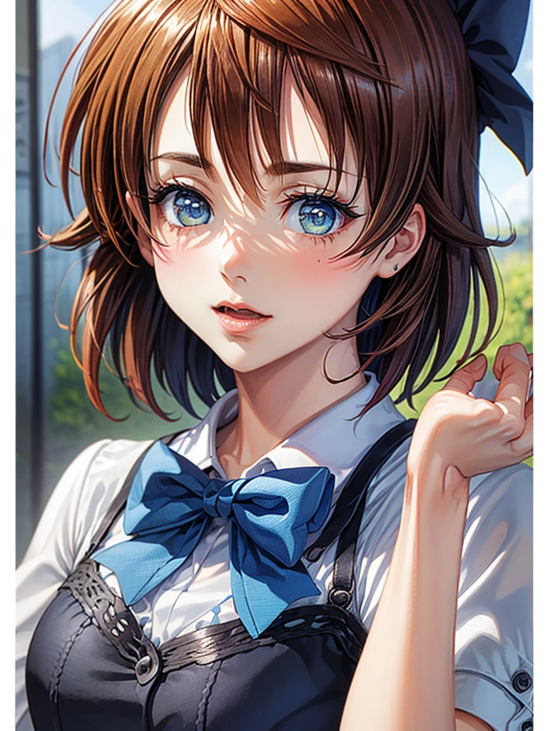 1girl, solo, looking_at_viewer, bangs, blue_eyes, original, bow, blue_hair, closed_mouth, hair_bow, makeup, border, polka_dot, portrait, eyeshadow, black_border, polka_dot_bow