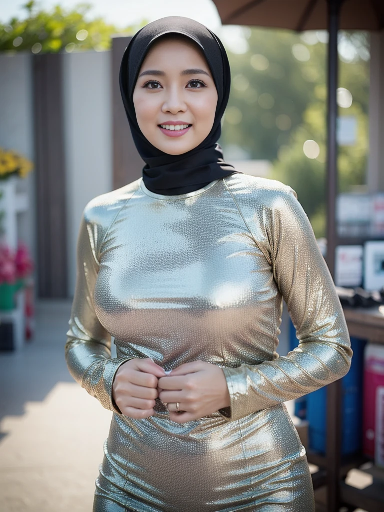 36 years Old, Hijab Indonesian mature woman, (hardware store), Slim body, tight long sleeve dress, Breast about To burst out, blur background, bokeh, smiling, elegant, detailed skin,