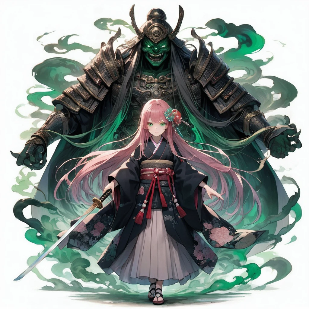 masterpiece, highest quality, A full-body illustration from the front. The main character is a girl in traditional Japanese clothing, with long pink hair and a hair ornament. She holds a sword and has a huge, menacing spirit behind her, wearing elaborate armor with a terrifying expression. Green smoke swirls around them. The girl's kimono has a delicate red pattern on a black background, and her eyes are a vibrant green, matching the aura of the spirit. The overall scene is dynamic and vivid, with a mysterious and otherworldly atmosphere.
