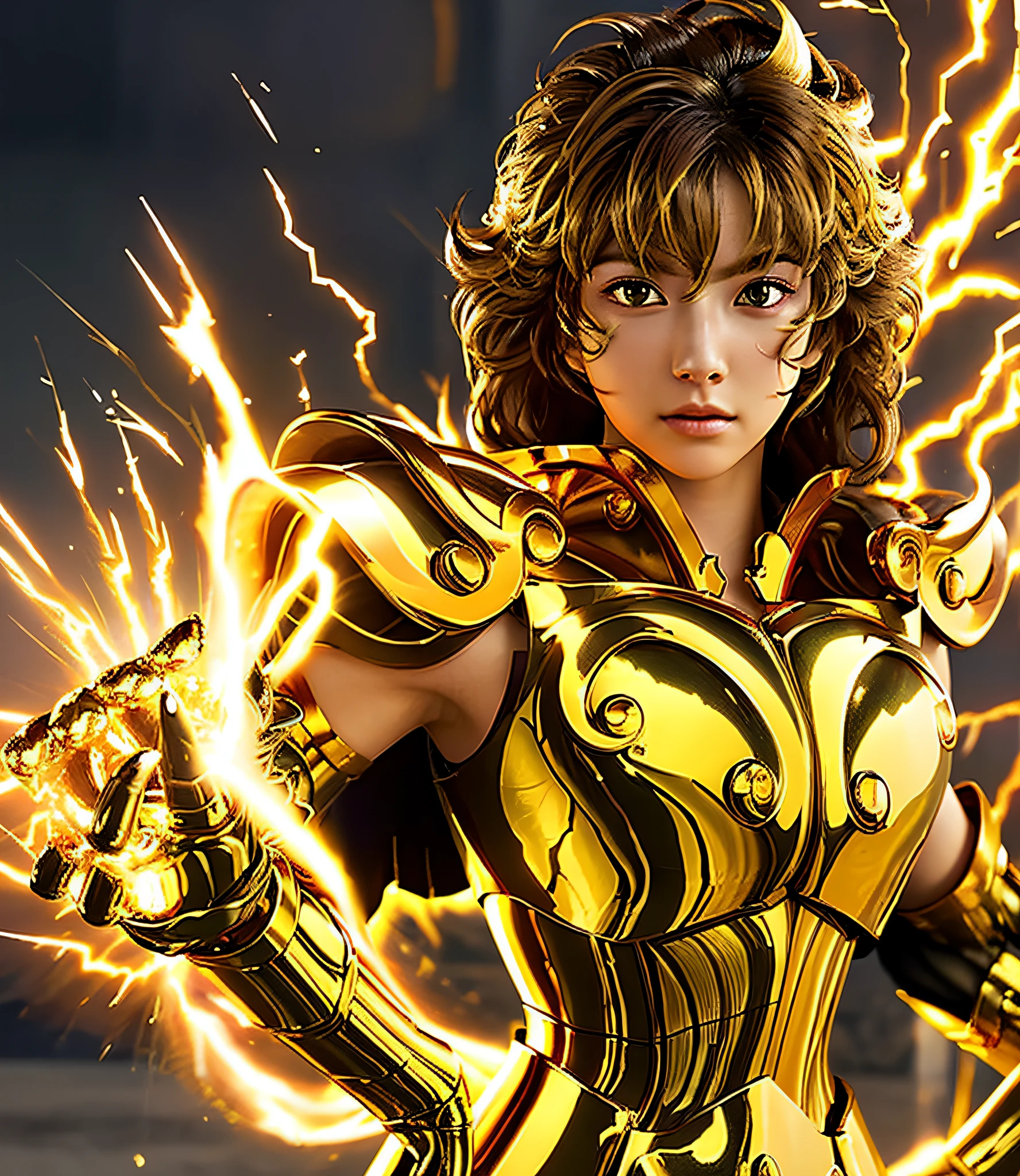 (Masterpiece), (Best Quality), (1 Girl), Super Detailed Facial Details for Girl in Golden Armor, Cool Pose, Battlefield Background, Fire Background, Saint Seiya Armor, Messy Hair