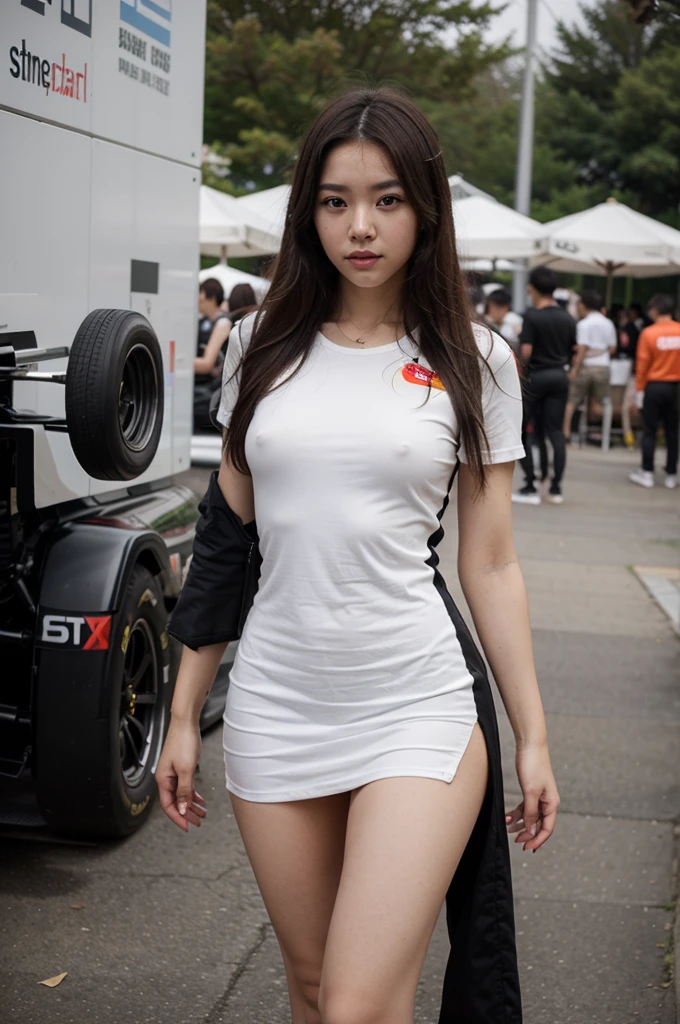 A Korean girl with a Ferrari Formula 1 team theme, with a creative and short dress