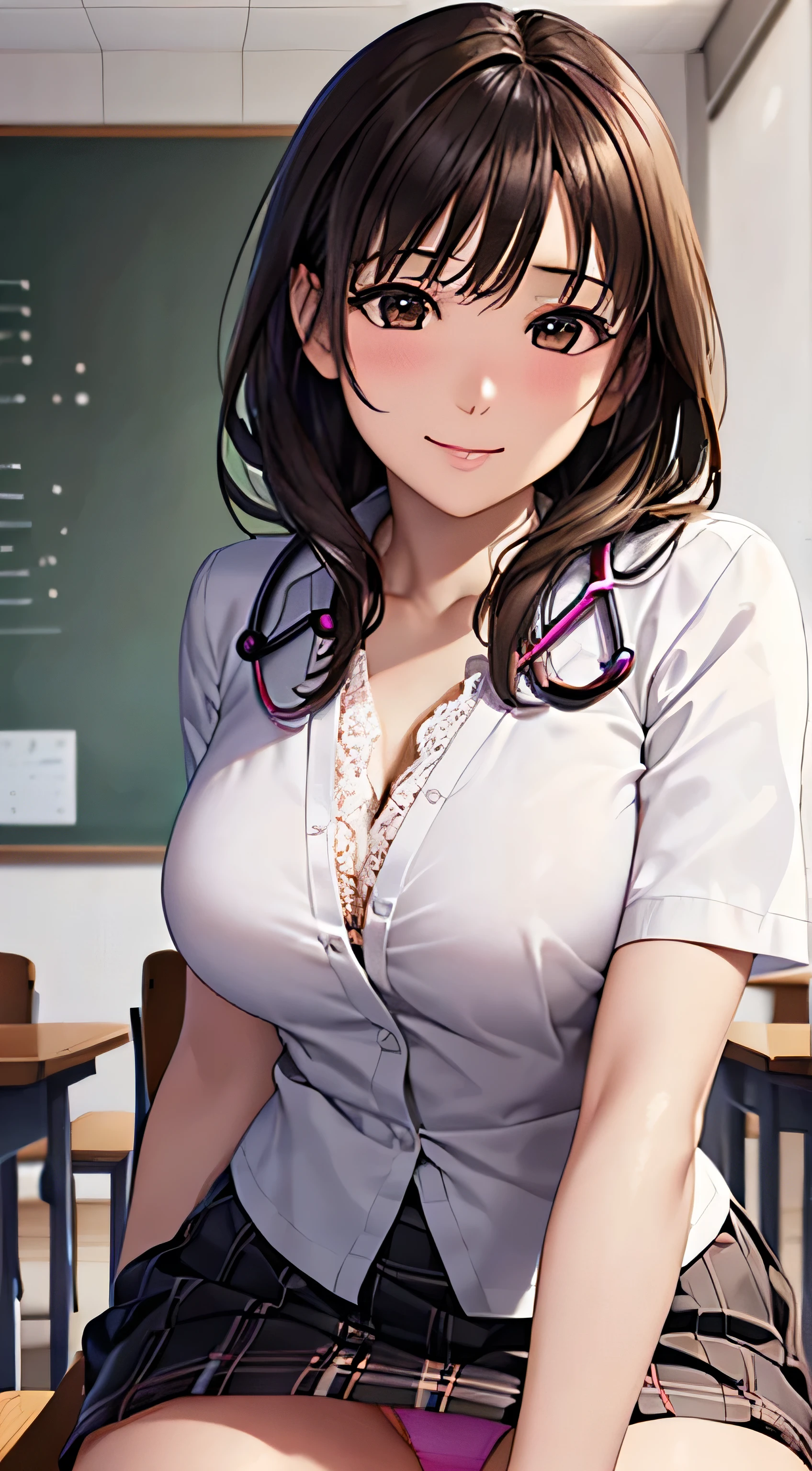 ((Tabletop, Highest quality, High resolution, , Pixel Perfect, 4K,))), 1 female teacher, single, alone, beauty、The whole body is visible、 ((Mid-wave hair, bangs, Brown Hair)), ((Brown eyes, Beautiful eyelashes, Realistic eyes)), ((Detailed face, Blushing:1.2)), ((Smooth texture:0.75, Realistic texture:0.65, Realistic:1.1, Anime CG Style)), Center of chest, Dynamic Angle, Perfect body, (( , , Wearing a white coat、Female doctor、、, 、))、、Very embarrassing panic smile, 、black flared skirt、classroom、Sit on a chair、Roll up your skirt to show your 、、(Showing off her white and pink floral lace pantiese from below)、