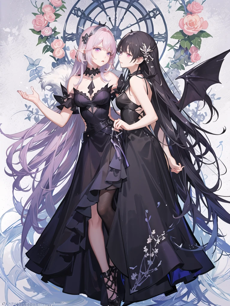 girl,full body,(detailed face:1.2), Masterpiece, fashion,black dress,, medium hair, light pink purple hair, purple pink eyes,There are wings hanging on the head.,white background,vtuber,full HD,The bat wings on the left side of the head are white.,Long hair braided in the back,Shoulder length front hair,purple highlighted hair color,There is a black choker on the neck.,full body,หน้าชัดมาก,สมบูรณ์แบบ,ลายชุดเป็นดาวสีเหลือง,ลายชุดสีเหลืองลายเงาค้างคาวที่ชายกระโปงและเสื้อ,กระโปร่งสั้นเหนือเขา