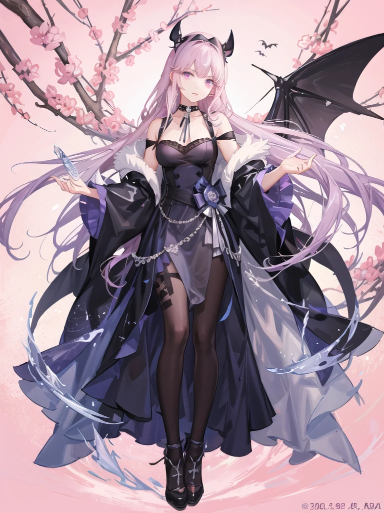 girl,full body,(detailed face:1.2), Masterpiece, fashion,black dress,, medium hair, light pink purple hair, purple pink eyes,There are wings hanging on the head.,white background,vtuber,full HD,The bat wings on the left side of the head are white.,Long hair braided in the back,Shoulder length front hair,purple highlighted hair color,There is a black choker on the neck.,full body,หน้าชัดมาก,สมบูรณ์แบบ,ลายชุดเป็นดาวสีเหลือง,ลายชุดสีเหลืองลายเงาค้างคาวที่ชายกระโปงและเสื้อ,กระโปร่งสั้นเหนือเขา
