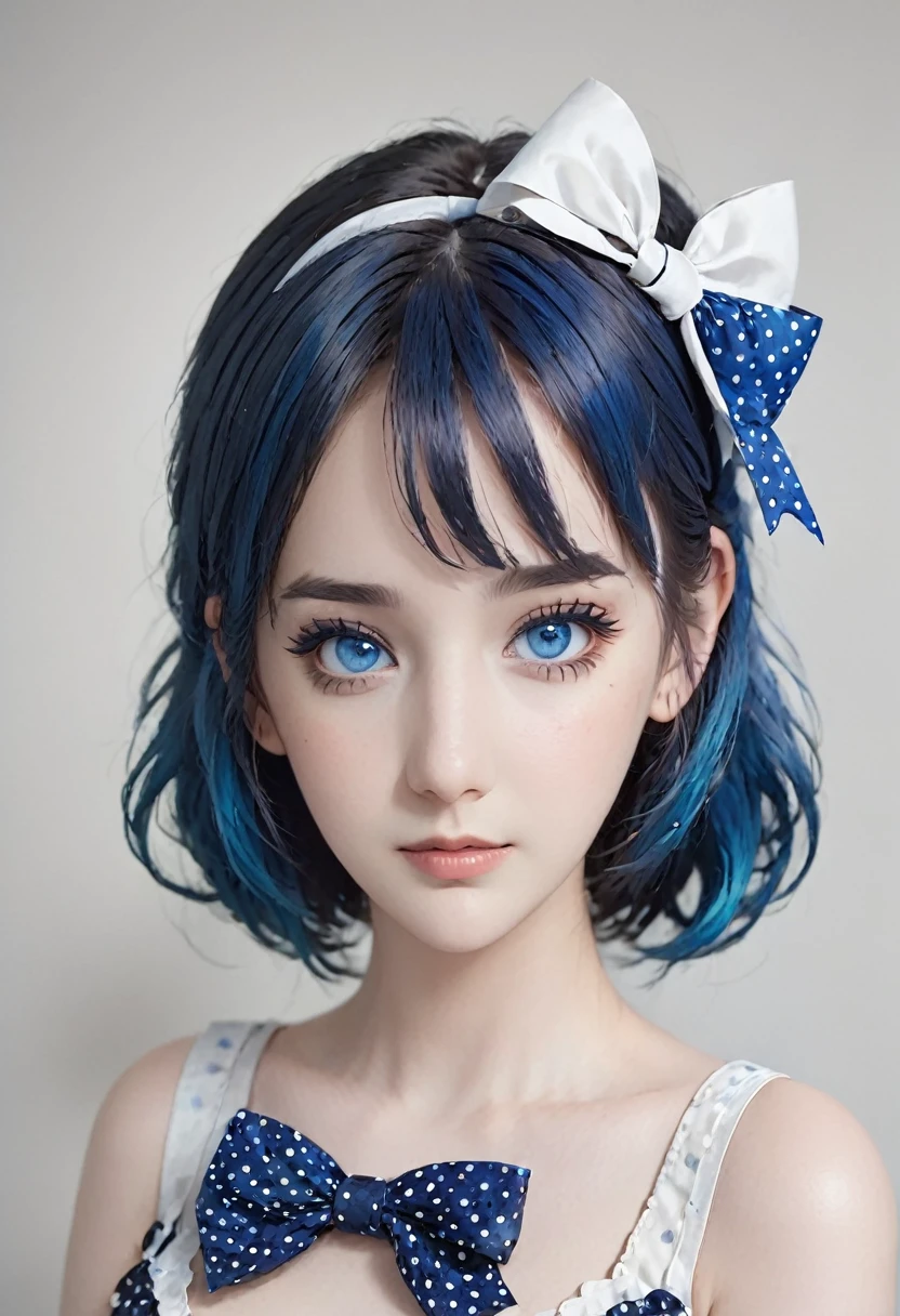 1girl, solo, looking_at_viewer, bangs, blue_eyes, original, bow, blue_hair, closed_mouth, hair_bow, makeup, border, polka_dot, portrait, eyeshadow, black_border, polka_dot_bow