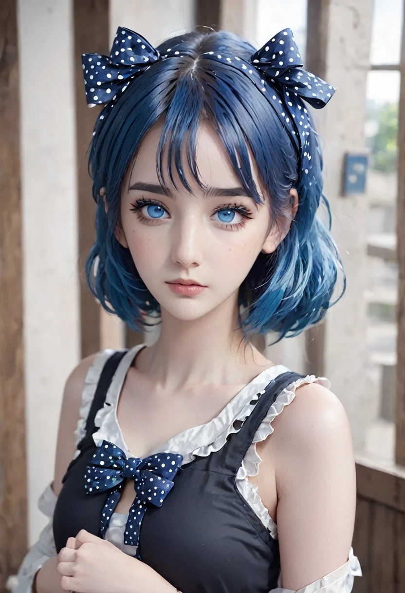 1girl, solo, looking_at_viewer, bangs, blue_eyes, original, bow, blue_hair, closed_mouth, hair_bow, makeup, border, polka_dot, portrait, eyeshadow, black_border, polka_dot_bow